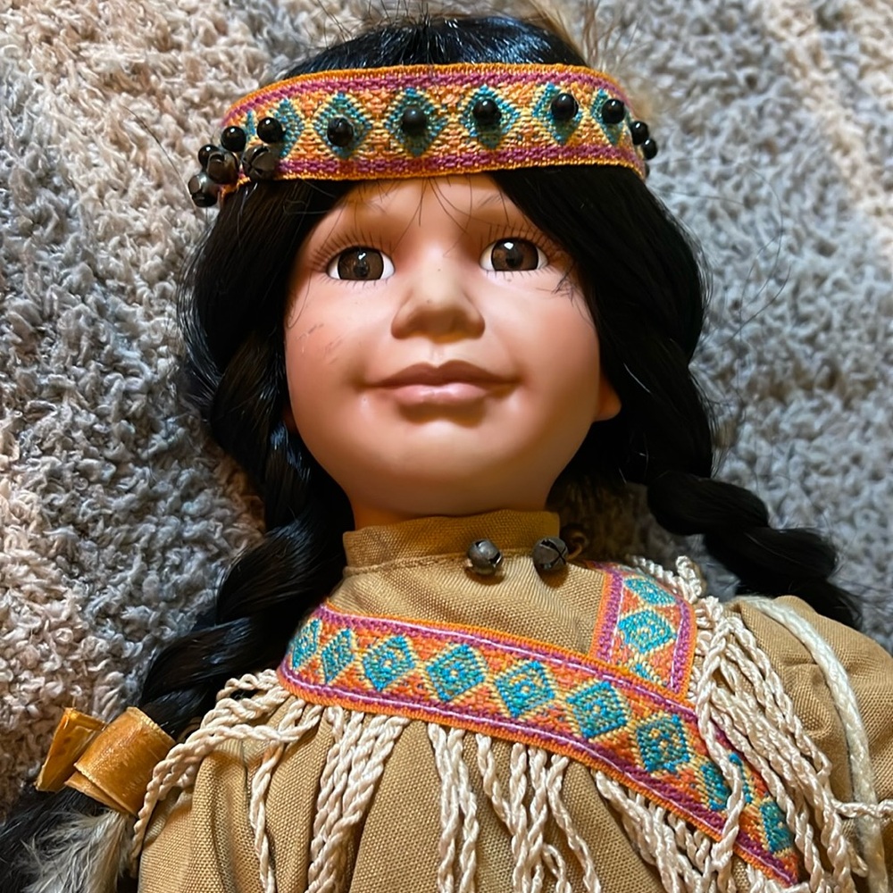 Porcelain Doll 17" Collectable Native American Indian Girl Woman Braids Fringe